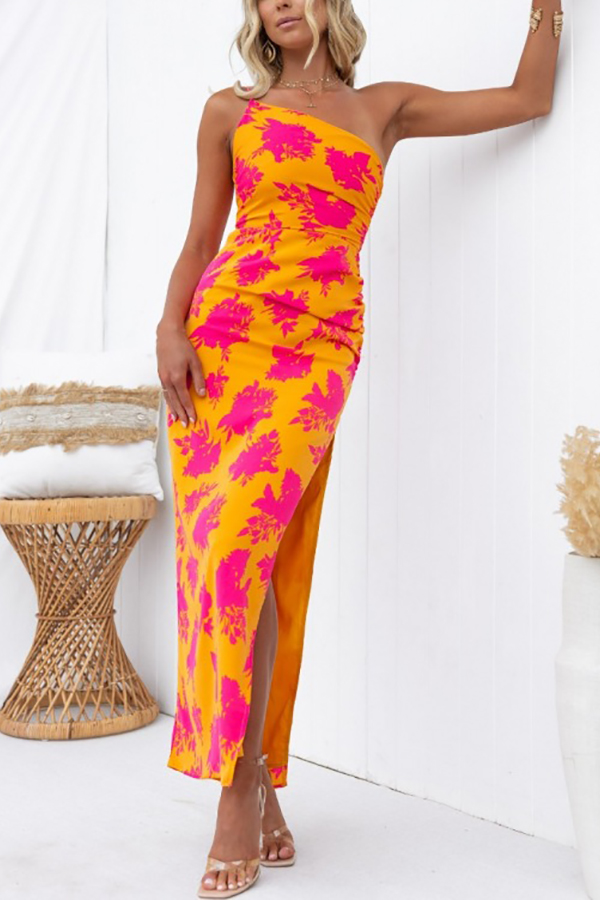 Right Time Floral Print One Shoulder Slit Party Maxi Dress-consonak