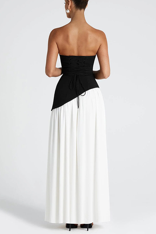 consonak Strapless Back Lace-up High Slit Splice Maxi Dress-consonak