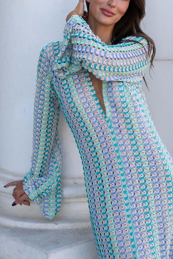 Eleanor Knit Colorful Wave Unique Print Shirt U-neck Long Sleeve Slit Maxi Dress-consonak