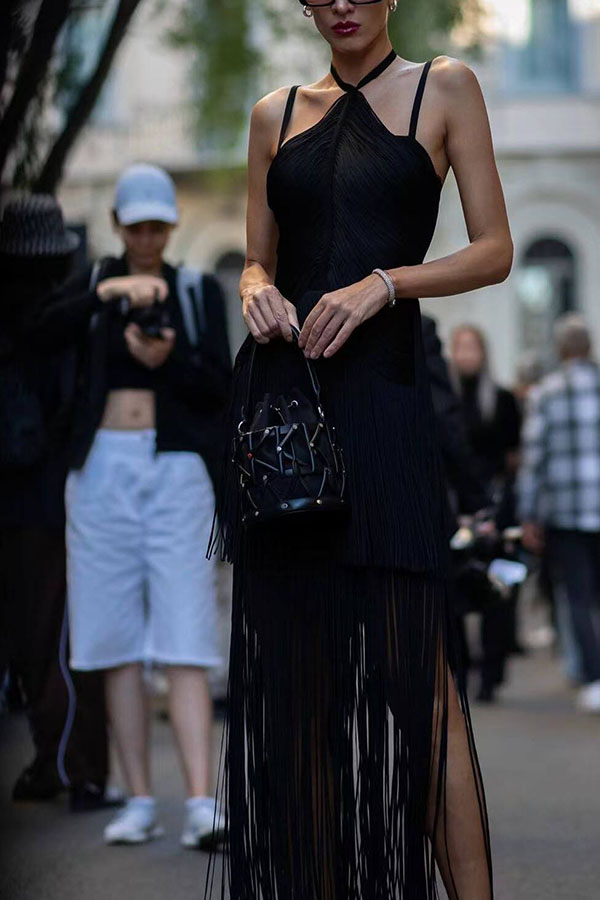 Sexy Halterneck Open Back Elegant Tassel Slim Maxi Dress-consonak