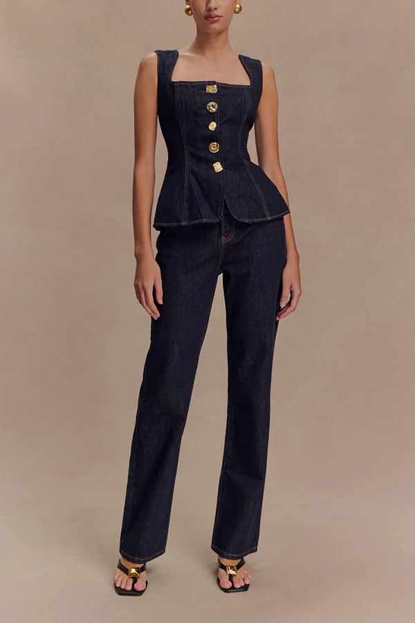 Stassi Denim High Waist Pocketed Straight Leg Jeans-consonak