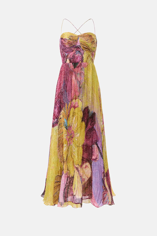 Vibrant and Bold Floral Print Sweetheart Neck Pleated Maxi Dress-consonak