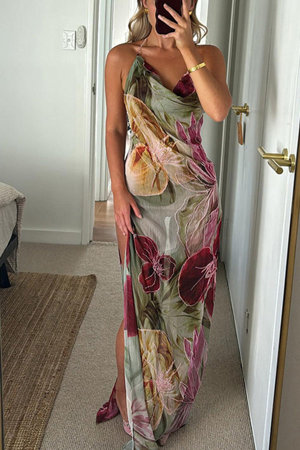 Floral Print Sexy Backless Slit See-Through Holiday Maxi Dress-consonak