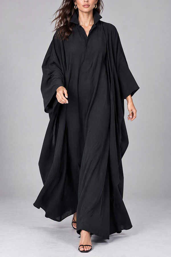 Women Navy Blue Oversized Kaftan Maxi Dress Stand Collar Long Sleeve Flowy Robe