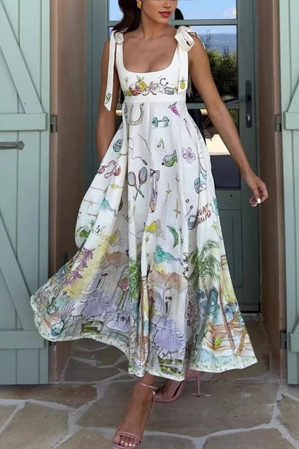 Euro Summer View Linen Blend Unique Print Tie-up Straps Pocket Midi Dress-consonak