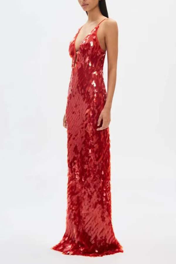 Reshape Beauty Fish Scale Sequin Cutout U-neck Slip Maxi Dress