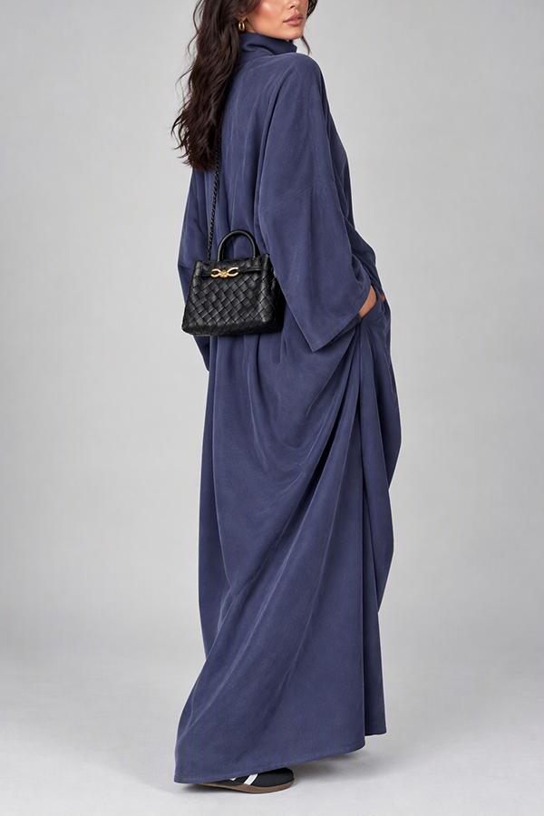Women Navy Blue Oversized Kaftan Maxi Dress Stand Collar Long Sleeve Flowy Robe