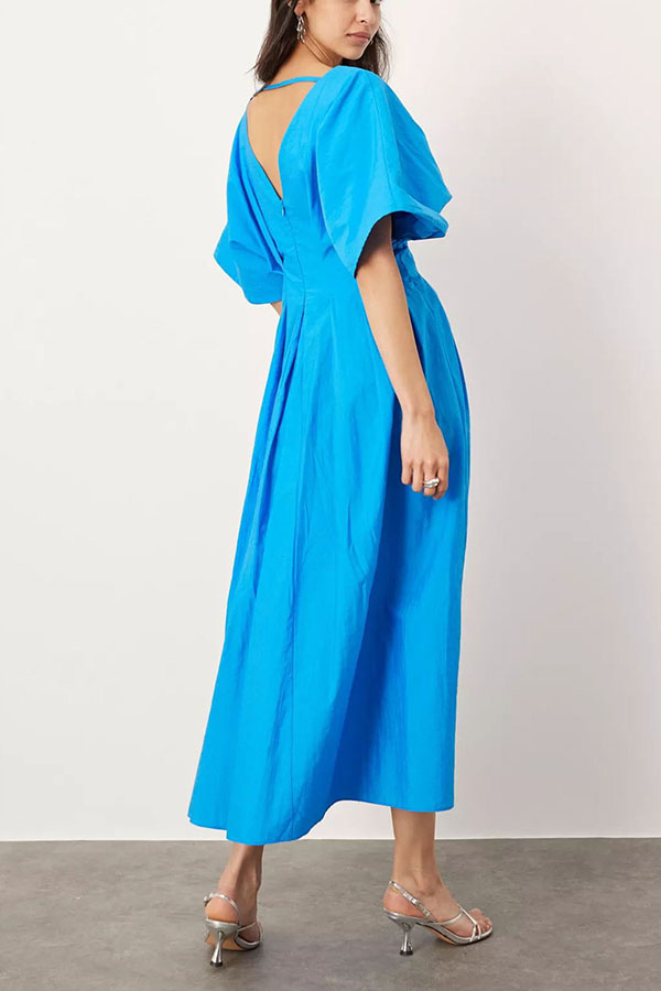 Antibes Linen Blend Princess Line Pleated Wide Puff Sleeve Midi Dress-consonak