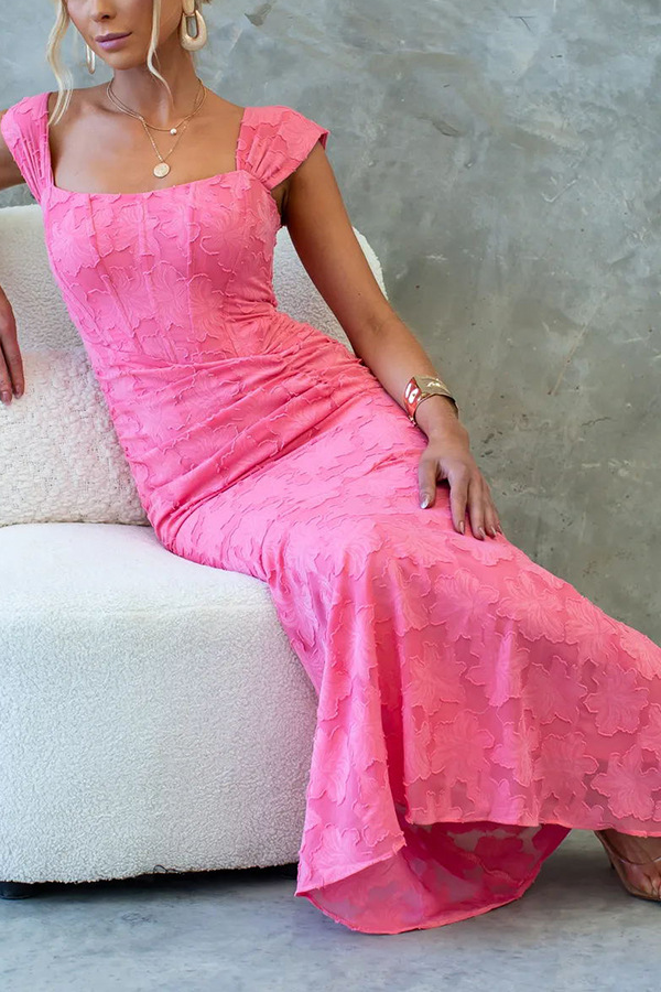 Unreal Beauty Floral Textured Material Ruched Fishtail Maxi Dress-consonak