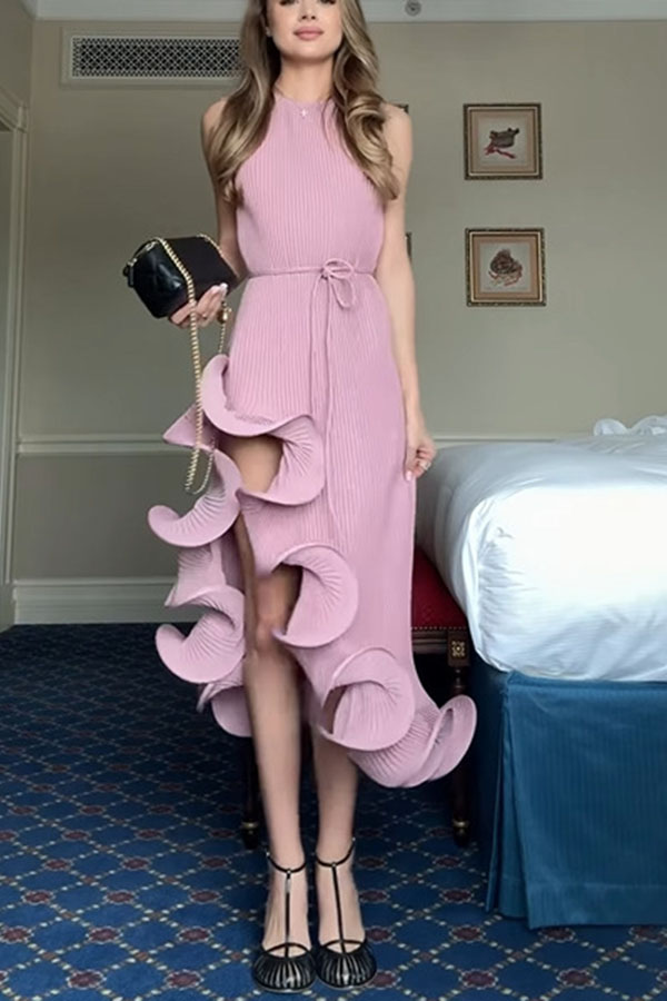 Solid Color Sleeveless Waist Tie Irregular Ruffle Slim Midi Dress | Consonak