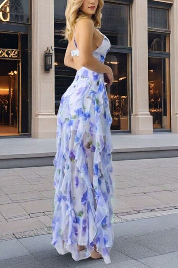 Millie | Floral Ruffle Long Skirt Women's Fashion Chiffon Printed Fairy Style Long Style Evening Dress Coupon-Consonak