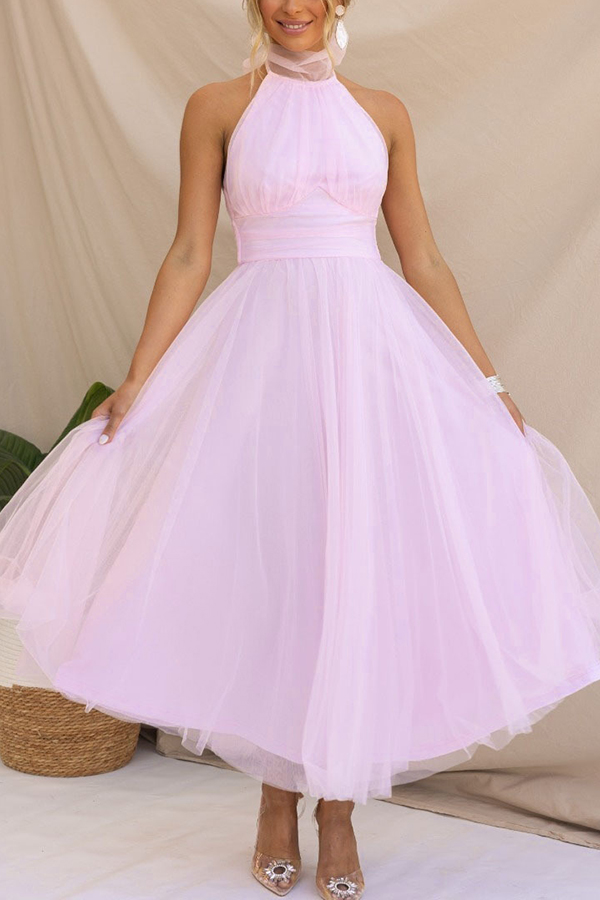 Fairy Vibes Tulle Gathered Detail Halter Maxi Dress-consonak