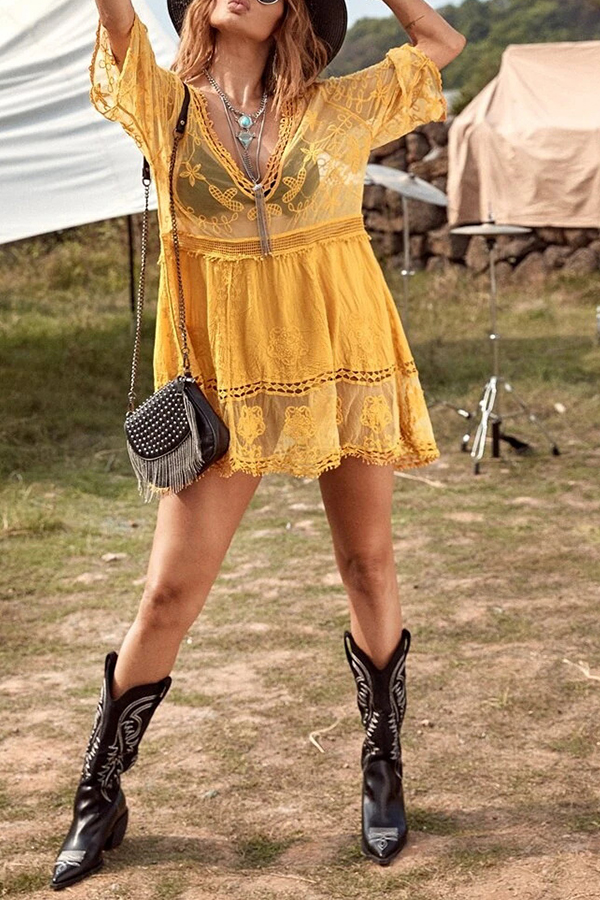 Lace V Neck Hollow Short Sleeved Cover Up-consonak