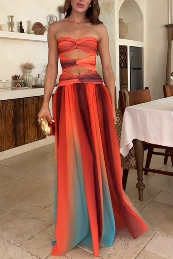 Ladies' Sunset Sexy strapless Fashion Tassel Printed Twisted Hollow Off Shoulder Vacation Long Dress-consonak