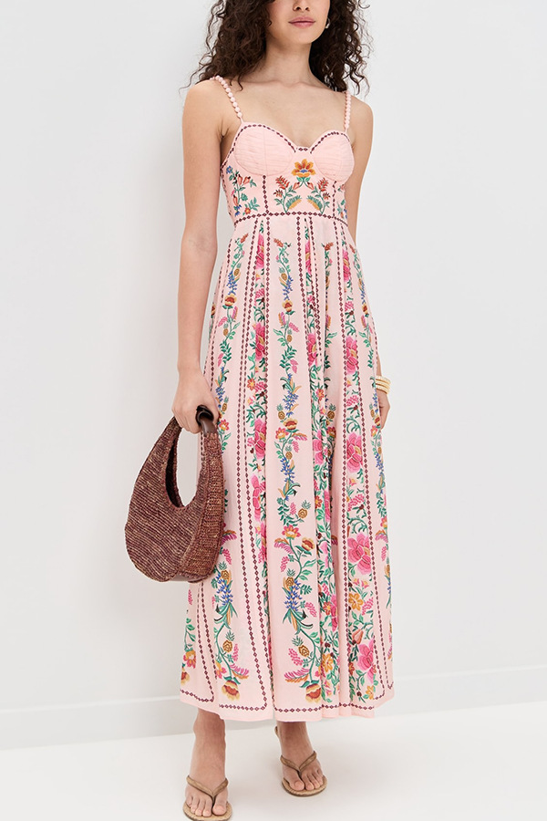 Linen Blend Delicate Forest Unique Print Sweetheart Neck Beaded Straps Maxi Dress | Consonak