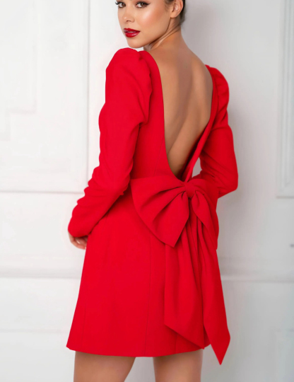 Women's party dress fluffy shoulder long sleeved back bow detail mini dress-consonak