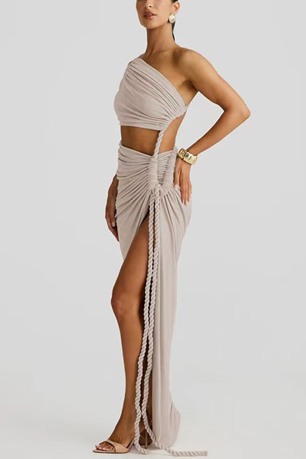 Juliana Rope Detail Ruched One Shoulder Cutout Stretch Maxi Dress-consonak