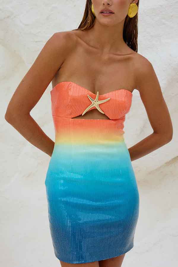 Gradient Sequin Sexy Off-the-shoulder Hollow Slim Mini Dress-consonak