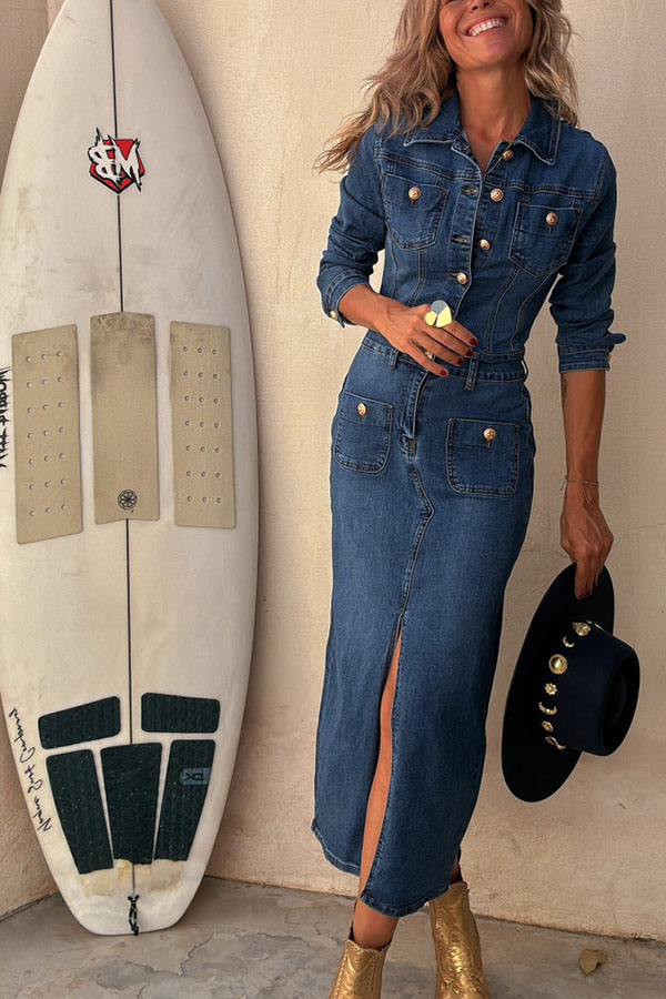Tessy Denim Metal Button Zipper Shirt Stretch Pencil Slit Midi Dress | Consonak