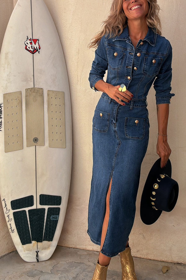Tessy Denim Metal Button Zipper Shirt Stretch Pencil Slit Midi Dress-consonak