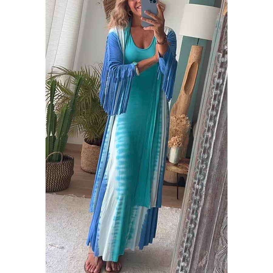 Song of The Vagabond Tie-dye Print Open Front Tassel Duster Cover-up-consonak