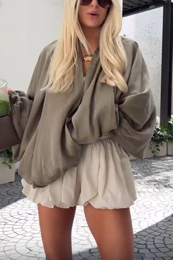 Fashion Lapel Loose Puff Long Sleeve Casual Zipper Jacket-consonak