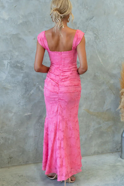 Unreal Beauty Floral Textured Material Ruched Fishtail Maxi Dress-consonak