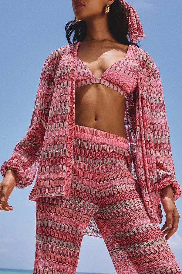 Beach Style Knit Unique Print Long Sleeve Kimono Shirt and Stretch Wide Leg Pants Set-consonak