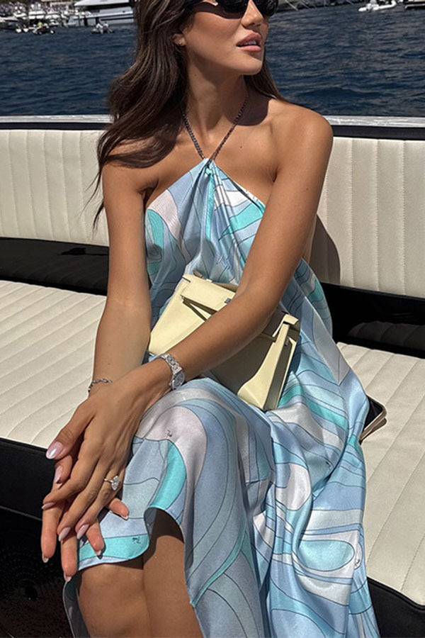 Elmhurst Satin Unique Print Chain Halter Draped Scarf Midi Dress-consonak