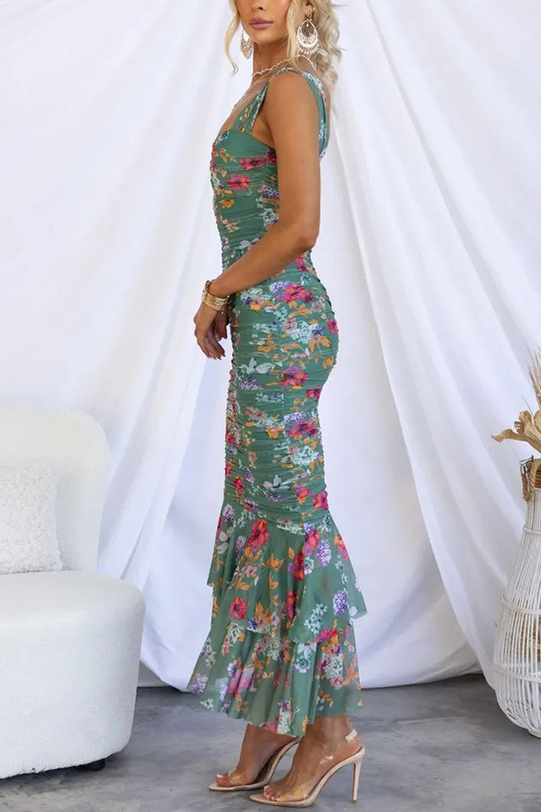 Styled To Perfection Floral Ruched Mesh Overlay Ruffle Hem Maxi Dress | Consonak