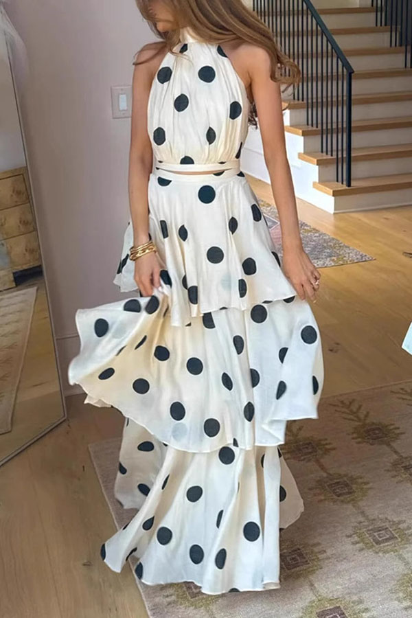 Gift To You Polka Dot Print High Neck Sleeveless Top and Layered Hem Maxi Skirt Set | Consonak