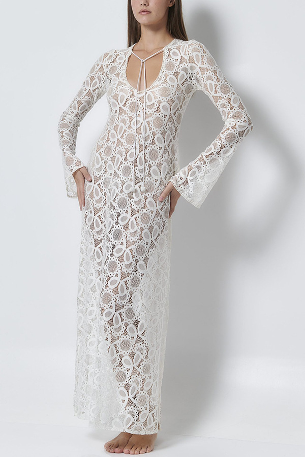 Women's Lace Lace White Lucky Flower Dress Long, Long Sleeve Sheer Tie INS Loose Holiday Split Dresses-consonak