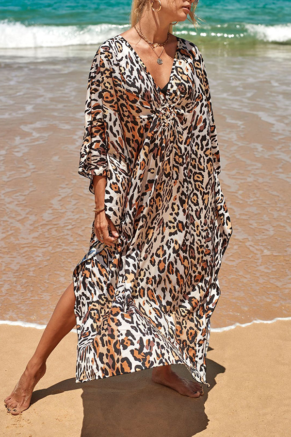 Simple Unique Printed Pleated Front Slit Cover Up-consonak
