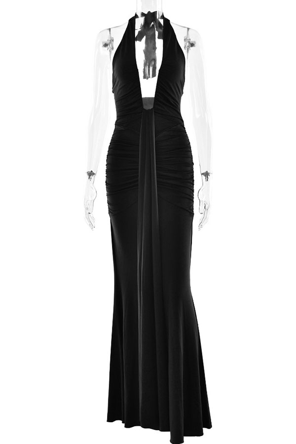 Solid Color Elegant Halterneck V-neck Open Back Tie Gathered Maxi Dress-consonak