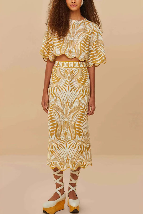 Korra Linen Blend Unique Print Wave Trim Bell Sleeve Top and Elastic Waist Pocket Midi Skirt Set-consonak