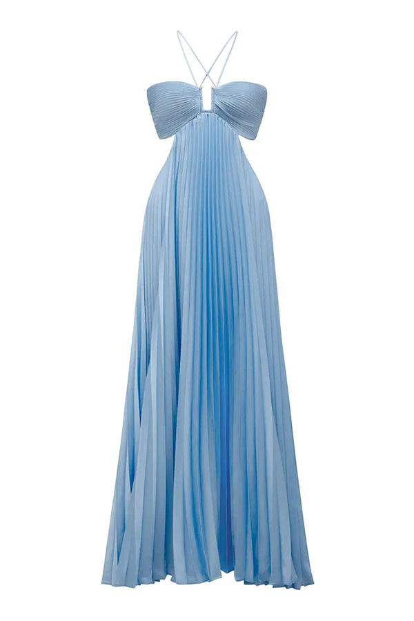 Caught Your Eye Satin Pleated Cross Straps Cutout Flowing Maxi Dress | Consonak
