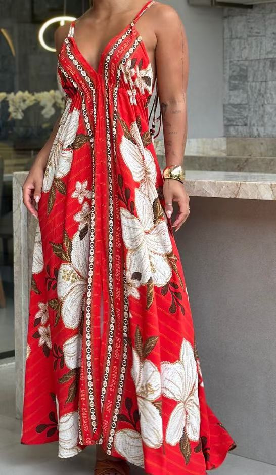 Ladies Strapless V-neck Women's Beach Halter Backless Printed Fairy Long Temperament Dresses Swing Dresses-consonak