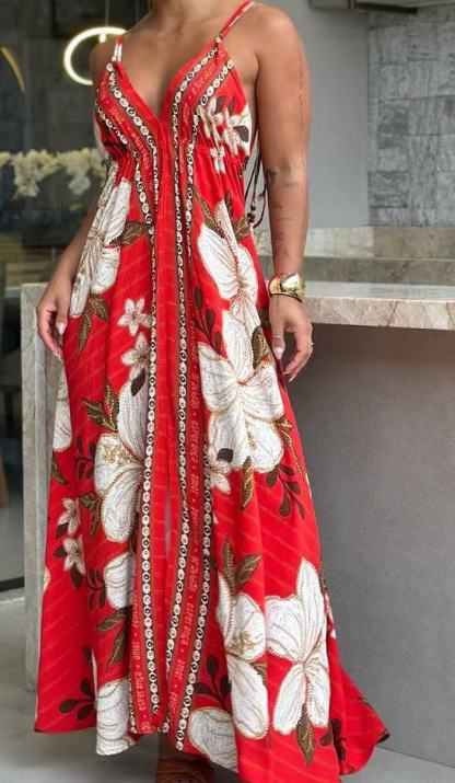 Ladies Strapless V-neck Women's Beach Halter Backless Printed Fairy Long Temperament Dresses Swing Dresses-consonak