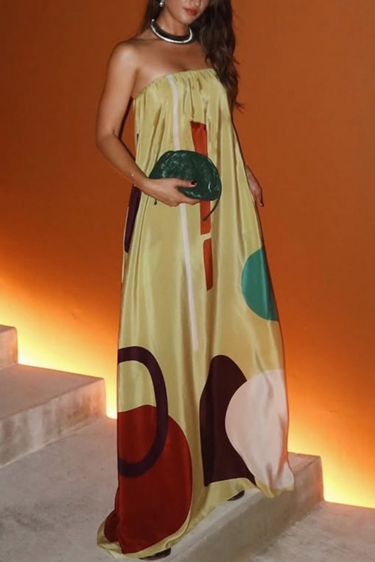 Abstract Print Satin Strapless Maxi Dress | Loose Fit Evening Dress