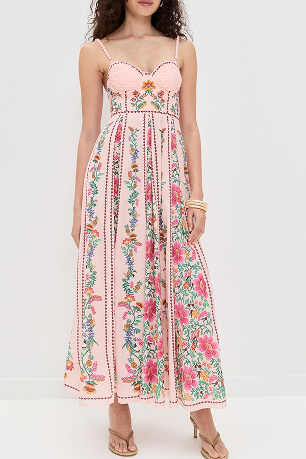 Linen Blend Delicate Forest Unique Print Sweetheart Neck Beaded Straps Maxi Dress | Consonak