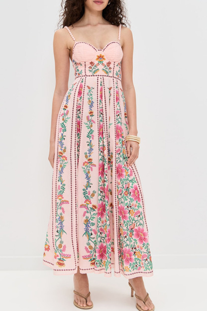 Linen Blend Delicate Forest Unique Print Sweetheart Neck Beaded Straps Maxi Dress-consonak