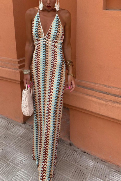 Playful Colorful Knit Holiday Style Halter Neck Maxi Dress-consonak