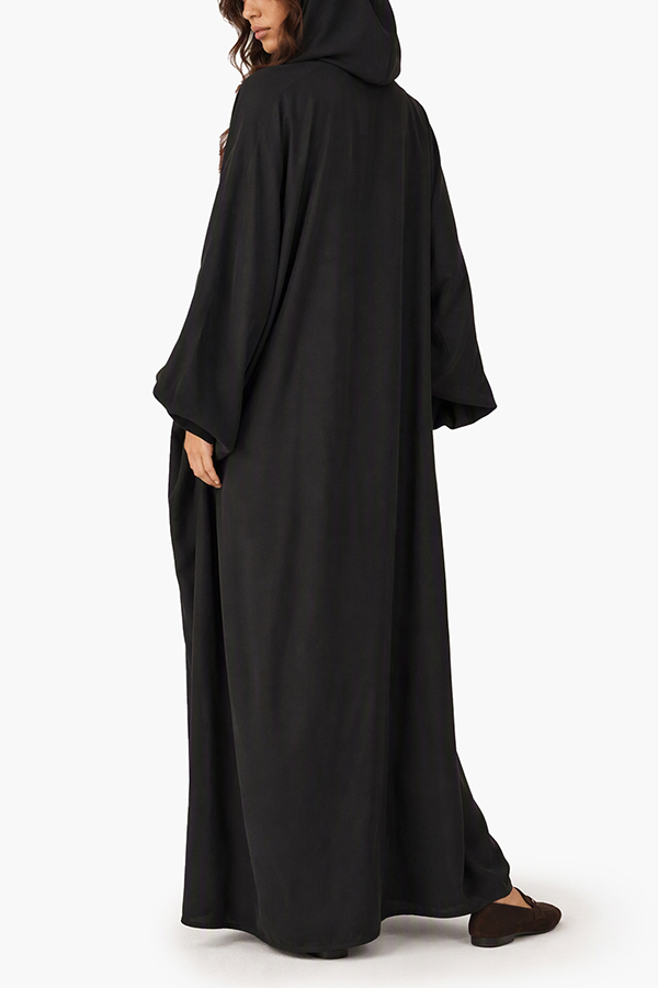 Open Front Black Satin Abaya Set Matching Hijab Modest Maxi Dress for Women