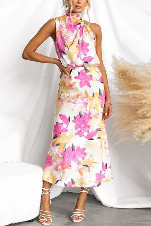 Floral Print Sleeveless Waisted Resort Maxi Dress-consonak