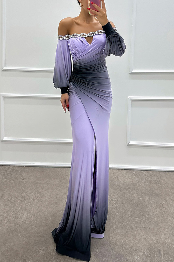 Julieta Gradient Print Boat Neck Off Shoulder Gem Detail Slit Gown Maxi Dress | Consonak