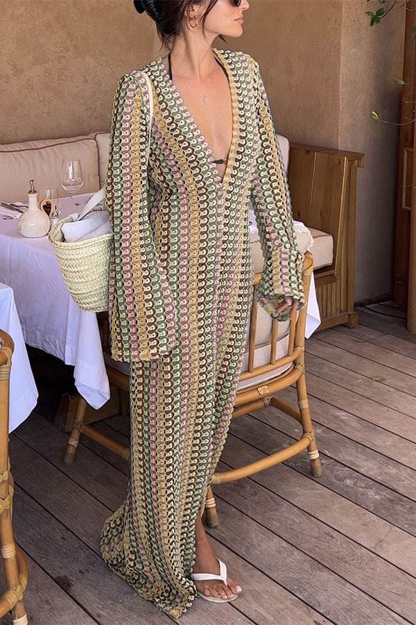Eleanor Knit Colorful Wave Unique Print Shirt U-neck Long Sleeve Slit Maxi Dress-consonak