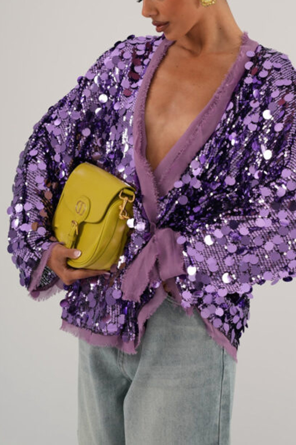 Fashion Sequined Long-sleeved V-neck Loose Lace-up Cardigan-consonak