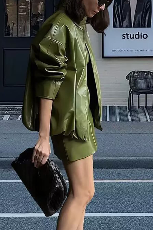 Solid Color Loose Long Sleeve Pocket Casual Leather Jacket-consonak