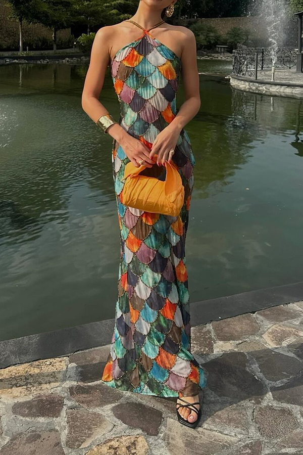 Little Mermaid Colorful Scales Print Halter Maxi Dress-consonak