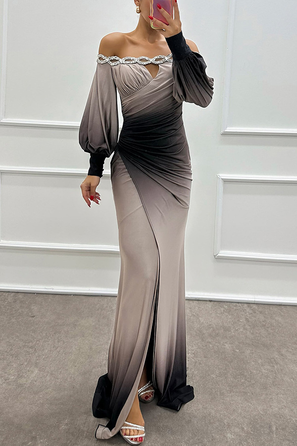 Julieta Gradient Print Boat Neck Off Shoulder Gem Detail Slit Gown Maxi Dress | Consonak